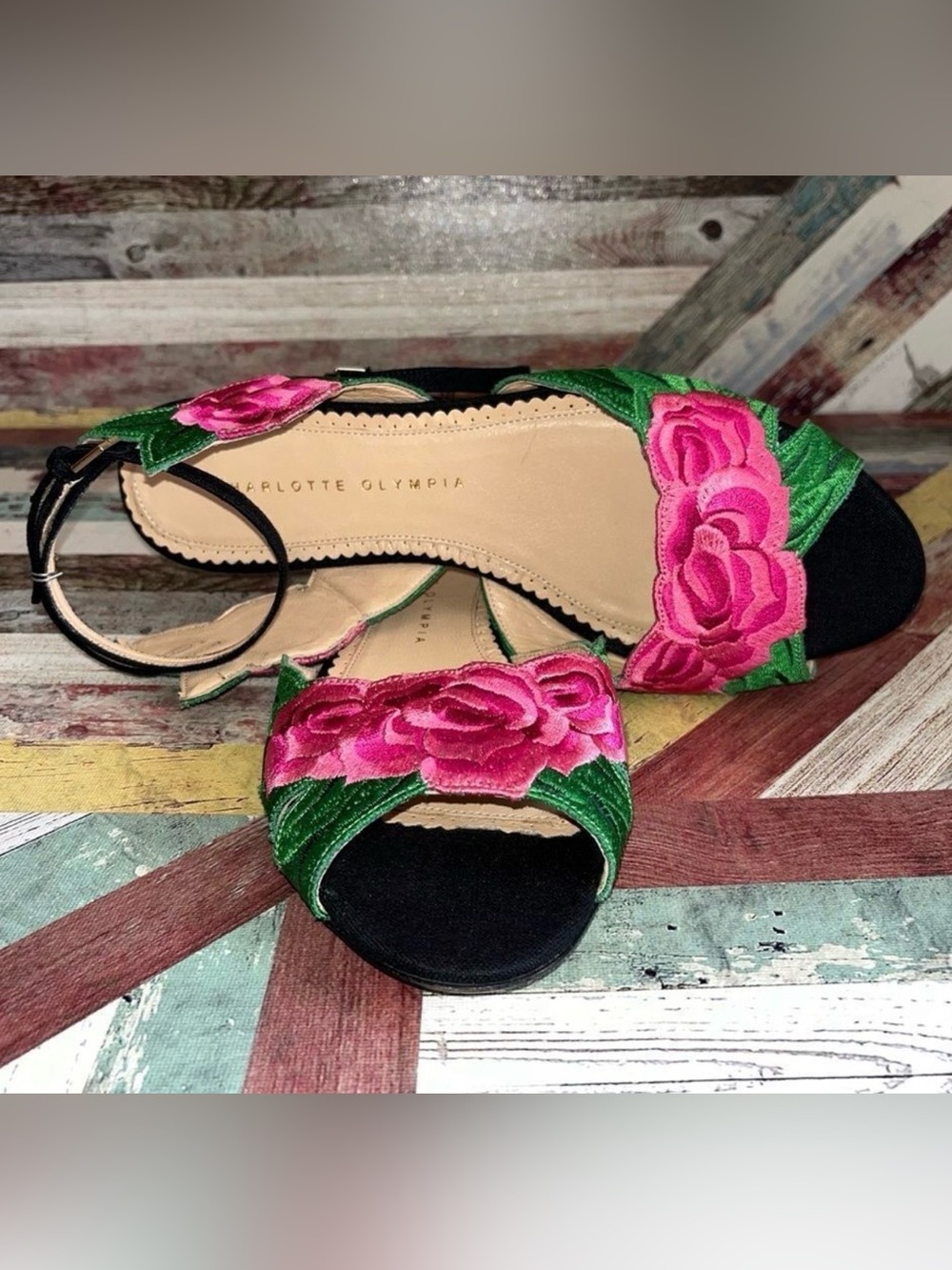 Charlotte Olympia Floral Sandals Pink/Green/Black SZE 8 (38) - Picture 2 of 6